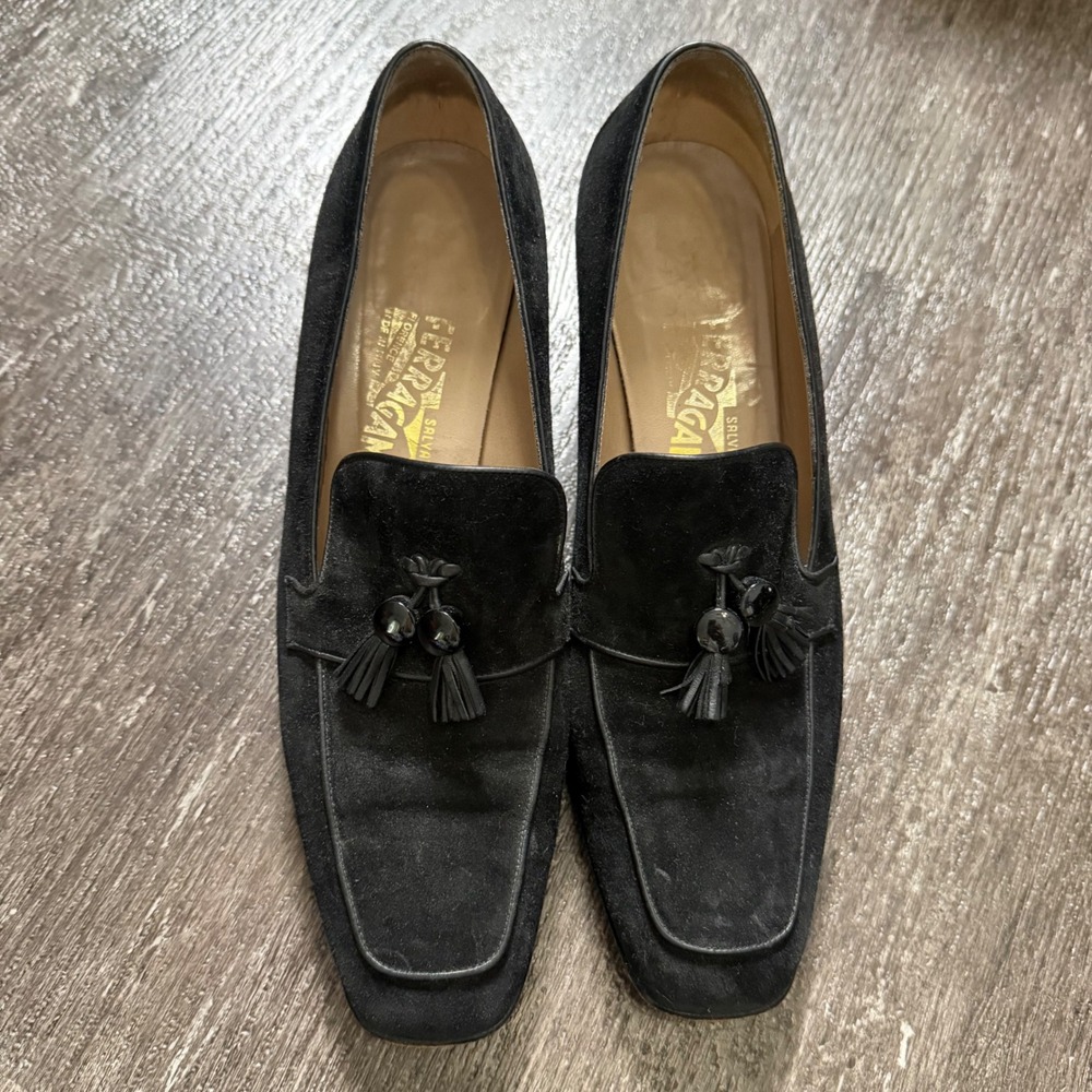 Salvatore Ferragamo Loafer Pump Women 9 Black Suede Tassel Square Toe Block Heel
